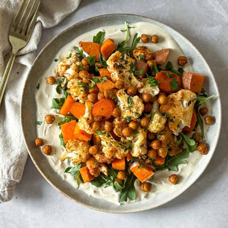 Power Bowls with Roasted Sweet Potatoes and Tahini Dressing
