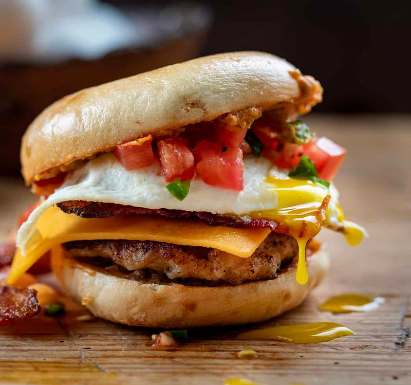 Breakfast Sandwiches with Sausage, Bacon, and Cheese