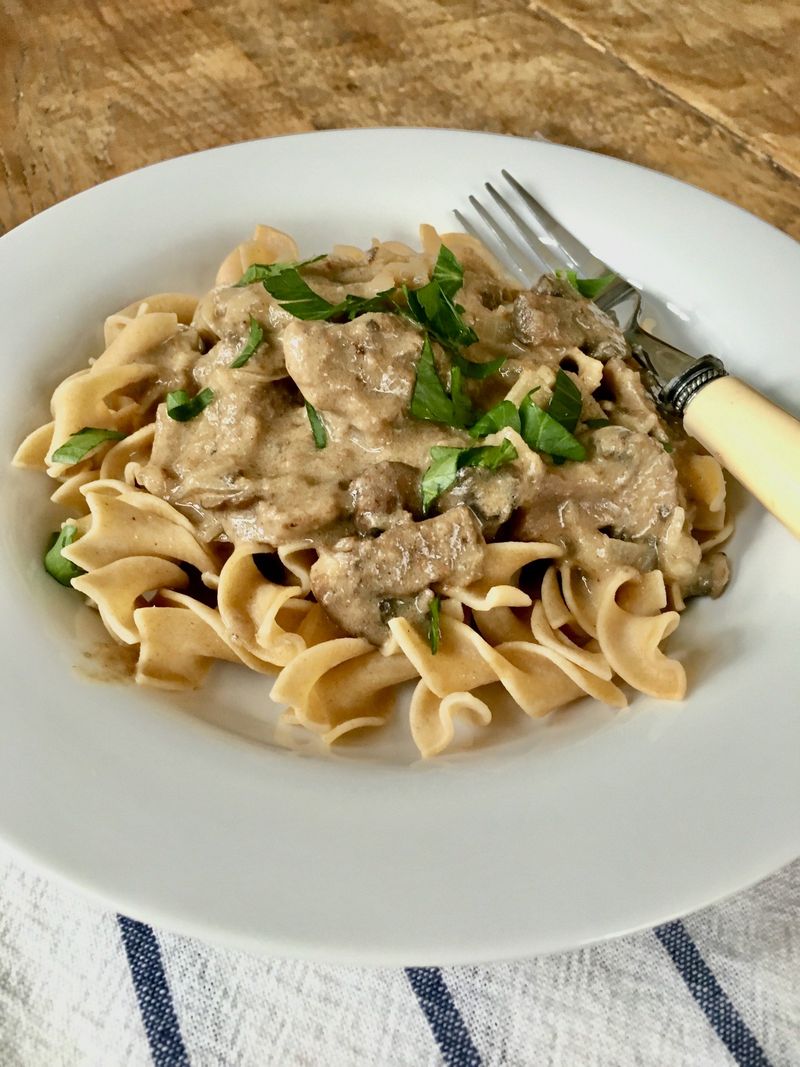 Beef Stroganoff over Egg Noodles