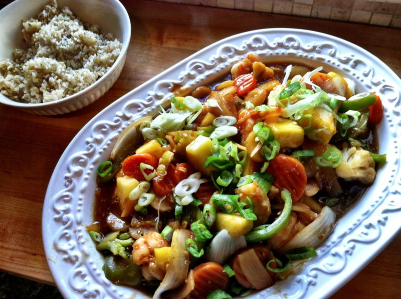 Riced Cauliflower Stir Fry + Frozen Shrimp + Soyaki Sauce