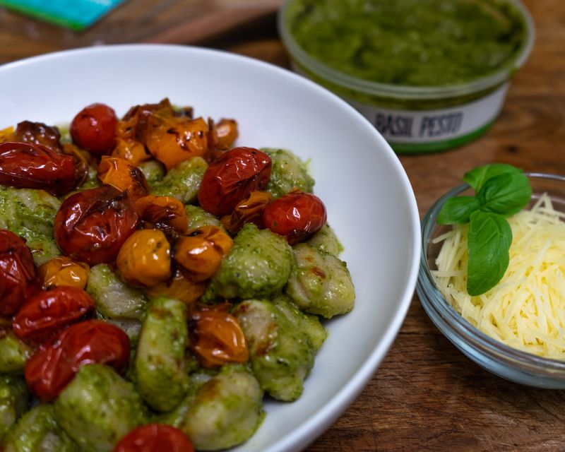 Cauliflower Gnocchi + Pesto + Cherry Tomatoes