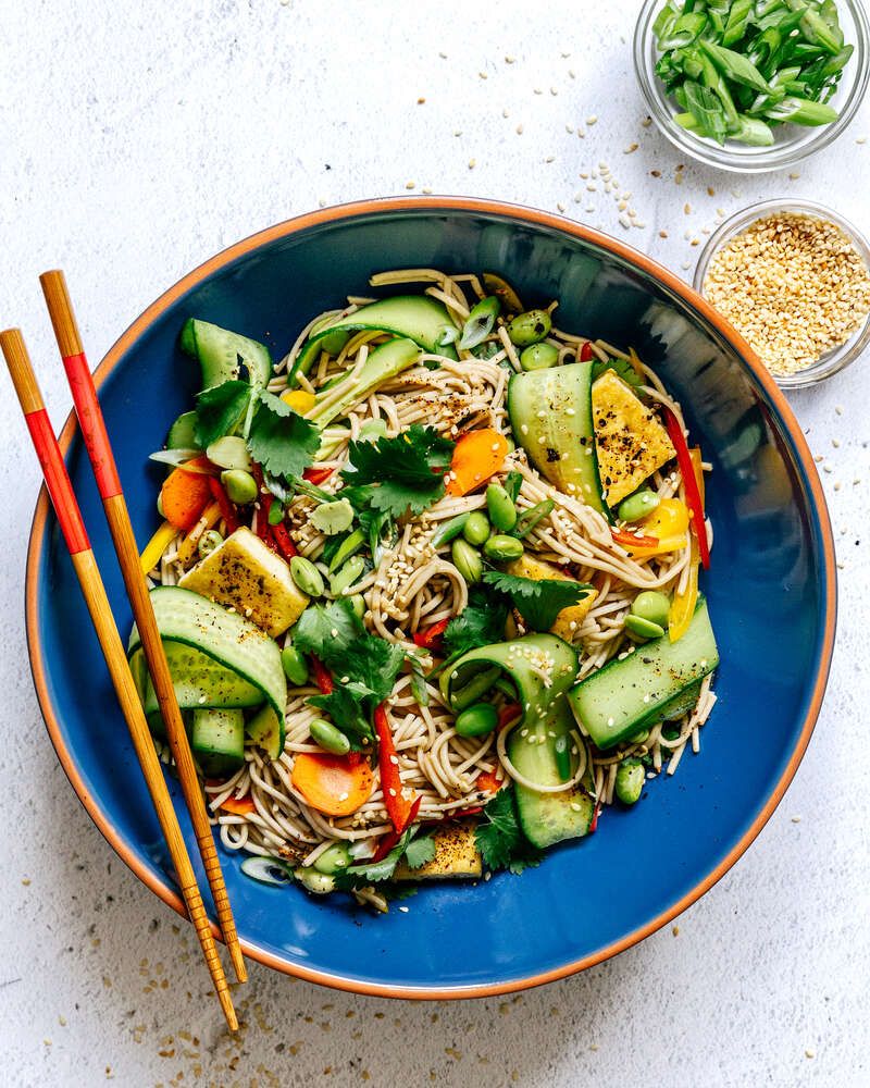 Soba Noodle Bowl with Cucumber and Carrot Ribbons