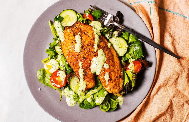 Pan-Seared Tilapia with Cucumber-Tomato Salad and Brown Rice