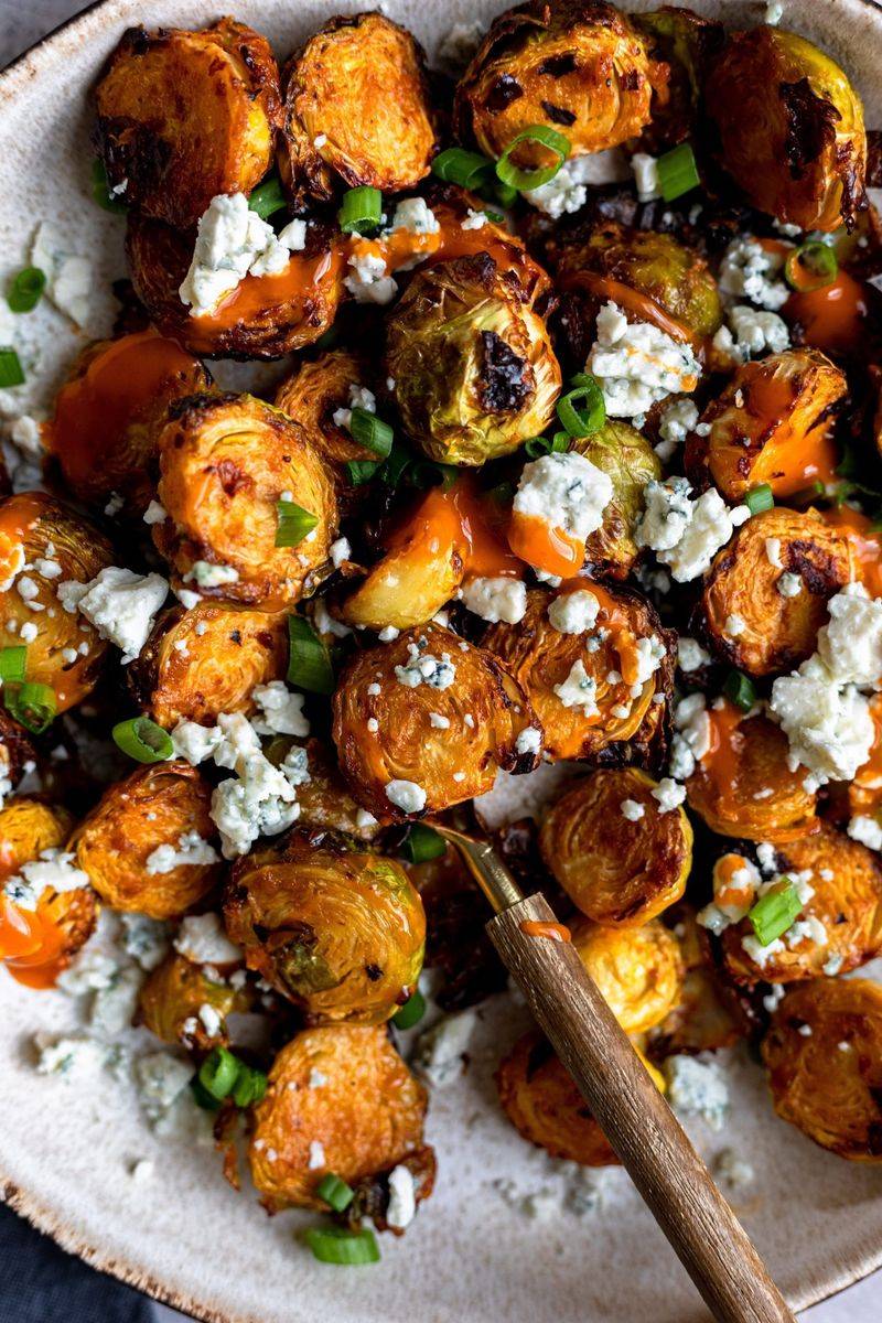 Crispy Buffalo Brussels Sprouts with Blue Cheese Crumbles