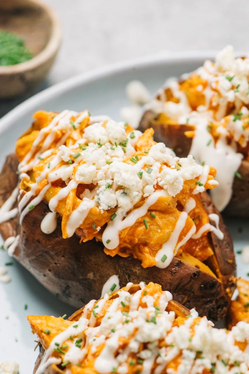 Buffalo Chicken Stuffed Sweet Potatoes with Blue Cheese