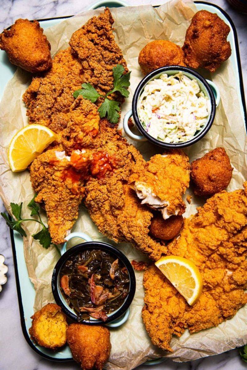 Fried Catfish with Hot Sauce and Hushpuppies