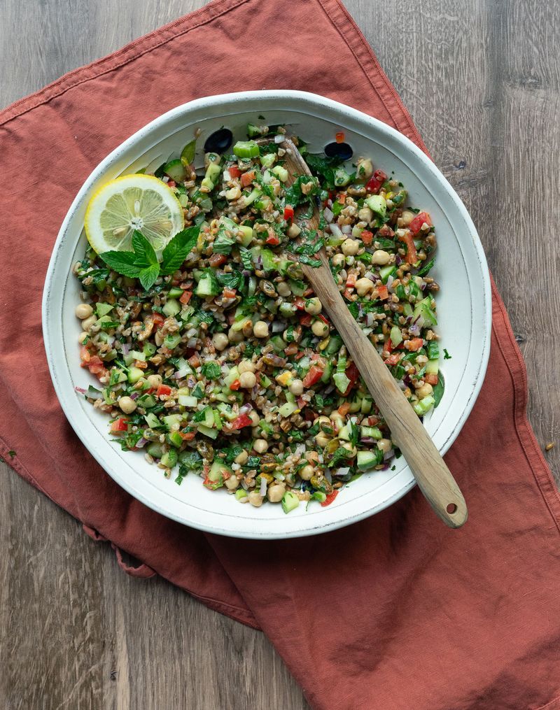 Farro Salad with Roasted Veggies & Lemon-Tahini Dressing