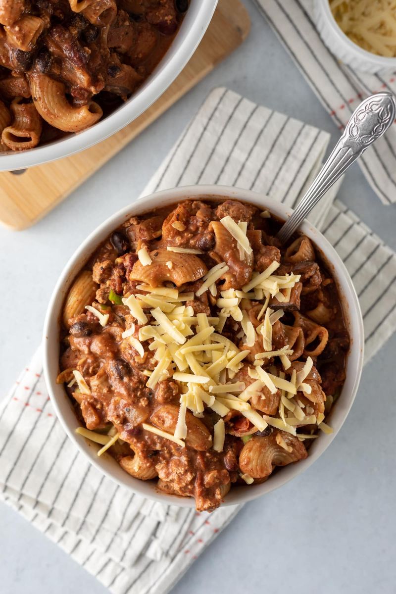 Vegan Mac + Chili + Shredded Vegan Cheese