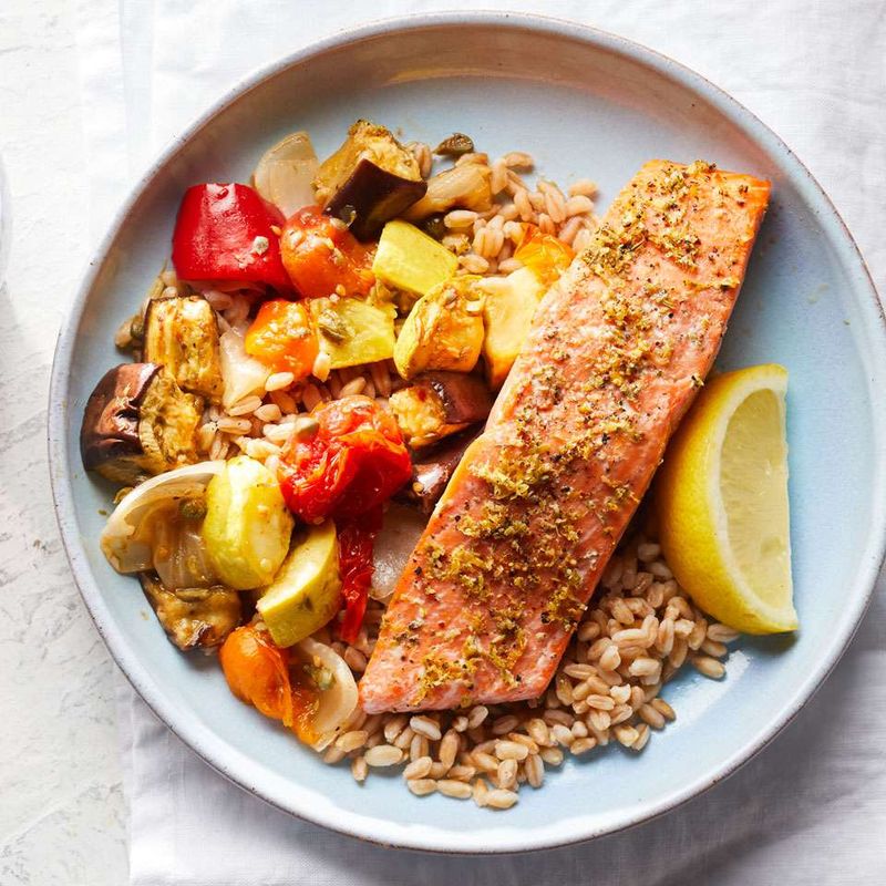 Grilled Salmon with Farro and Roasted Vegetables