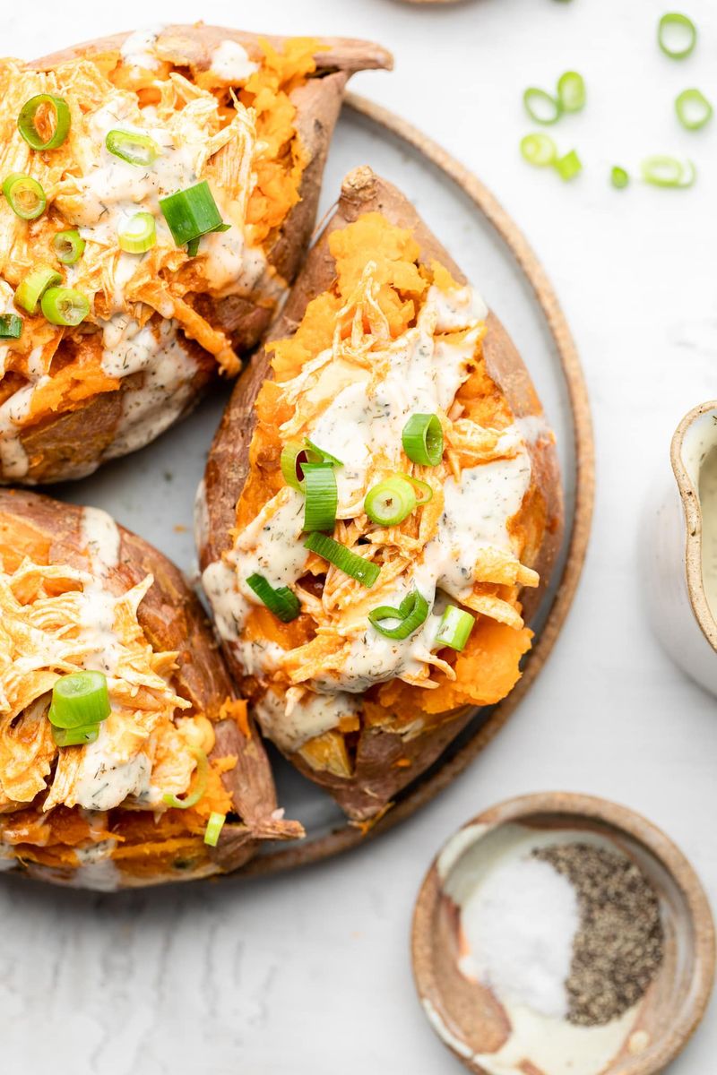 Buffalo Chicken Stuffed Sweet Potatoes