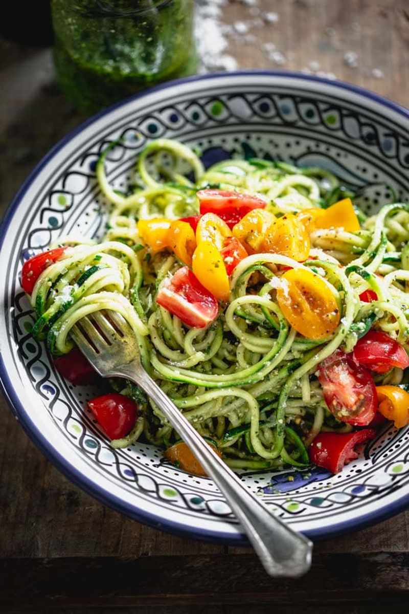 Zucchini Noodles with Pesto, Cherry Tomatoes, and Pine Nuts