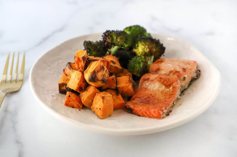 Baked Salmon with Roasted Sweet Potatoes and Broccoli