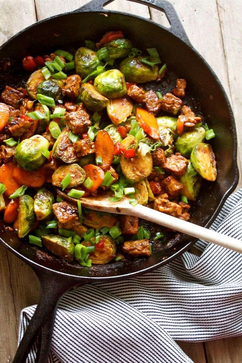 Air-Fried Tempeh with Roasted Brussels Sprouts and Carrot Purée