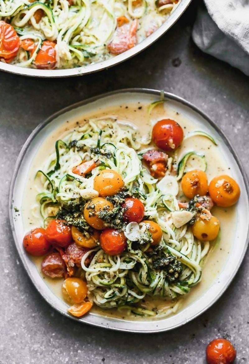 Zucchini Noodle Bowl with Cherry Tomatoes & Basil Pesto