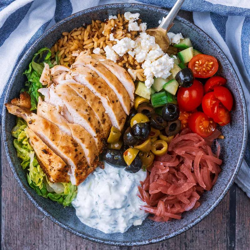 Greek Chicken Bowl with Cauliflower Rice, Feta, and Tzatziki