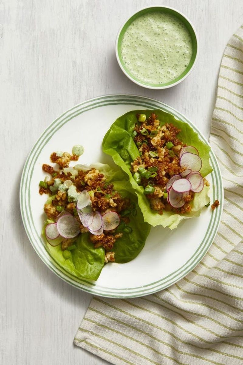Turkey and Spinach Lettuce Cups with Hummus Drizzle
