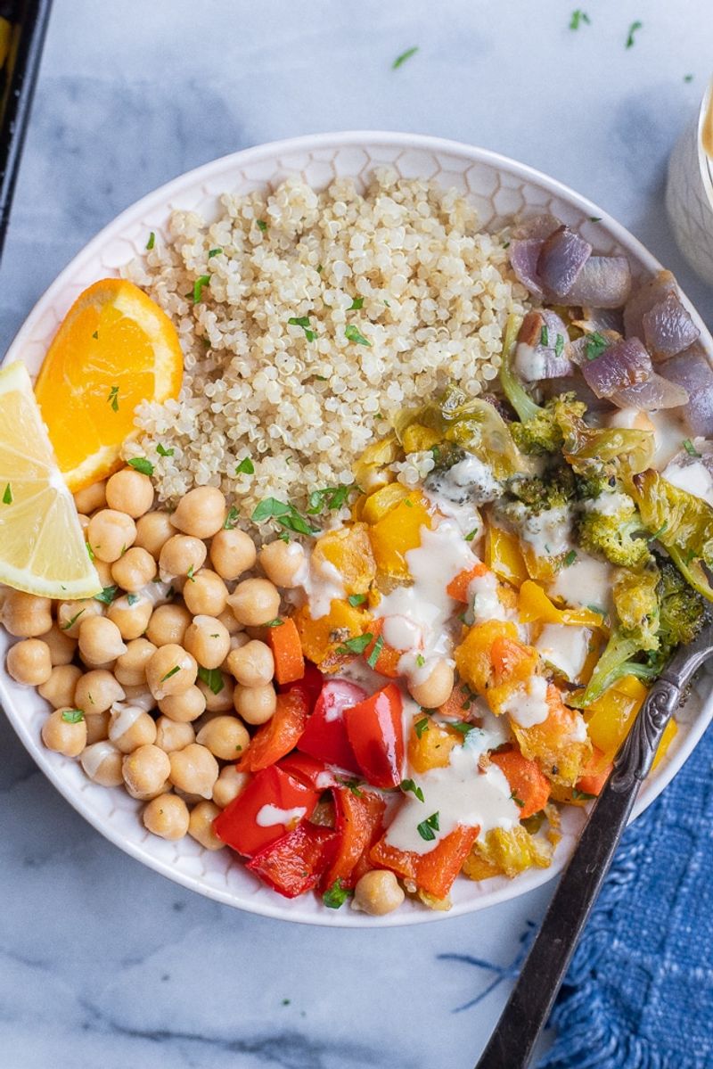 Quinoa Bowl with Roasted Veggies and Lemon Tahini Drizzle