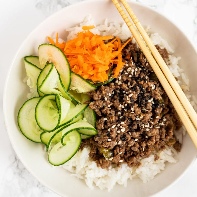 Korean Beef Bowls with Pickled Veggies and Rice