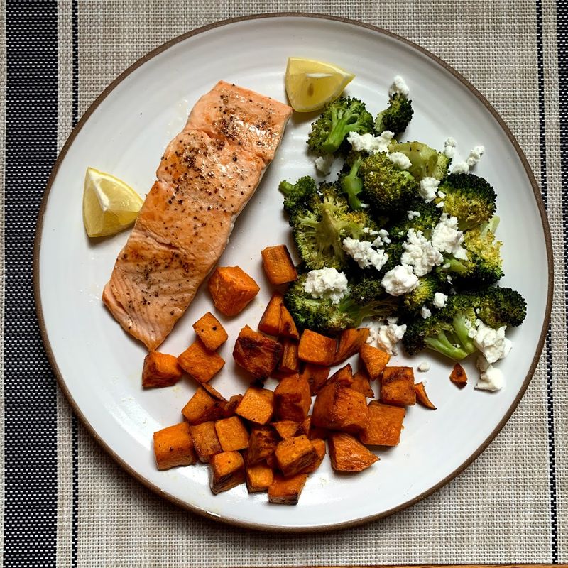 Baked Salmon with Roasted Broccoli and Sweet Potato