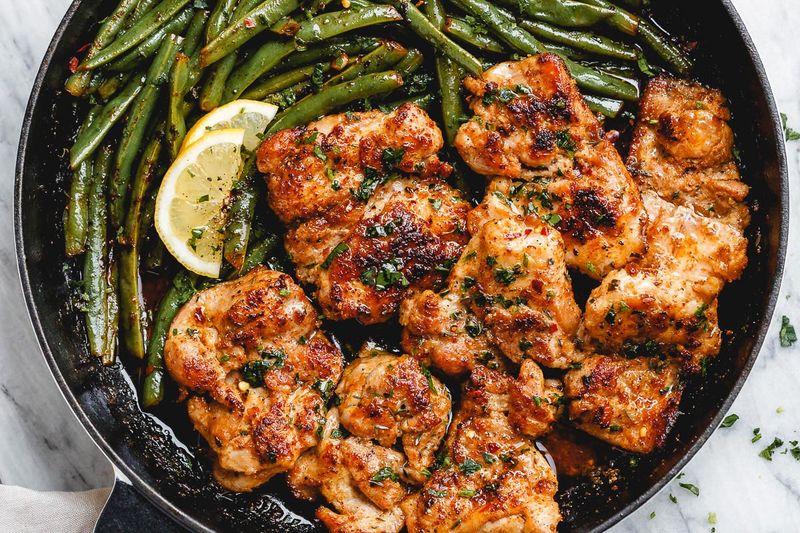 Baked Chicken Thighs with Garlic Green Beans and Mashed Cauliflower