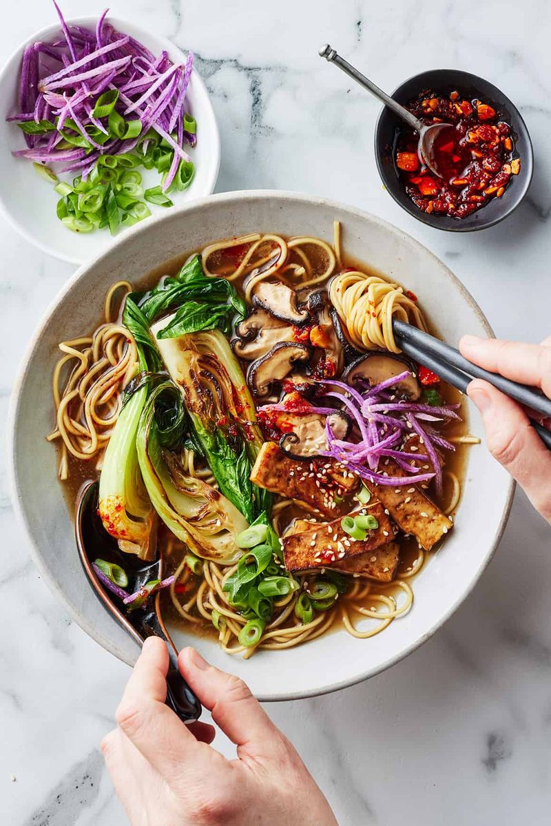 Brown Rice Noodles or Soba with Veggie Broth and Tofu