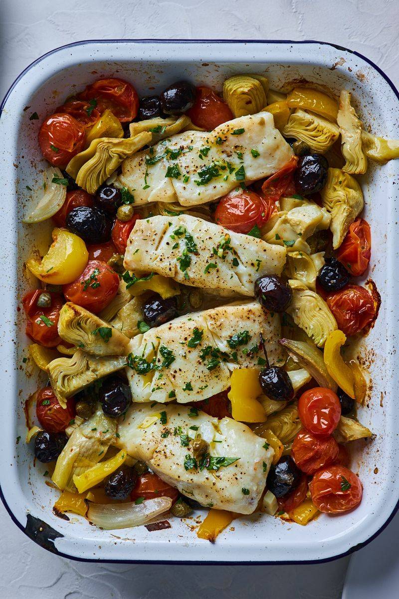 Baked Cod with Tomatoes, Olives, and Garlic