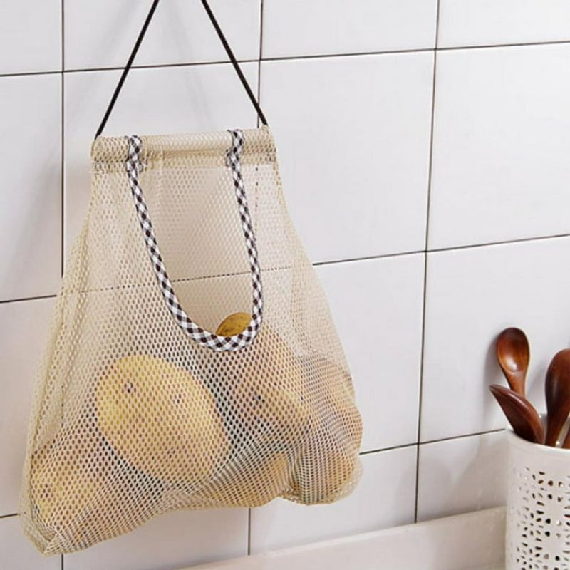 Hanging Mesh Produce Bag in a Cool Pantry