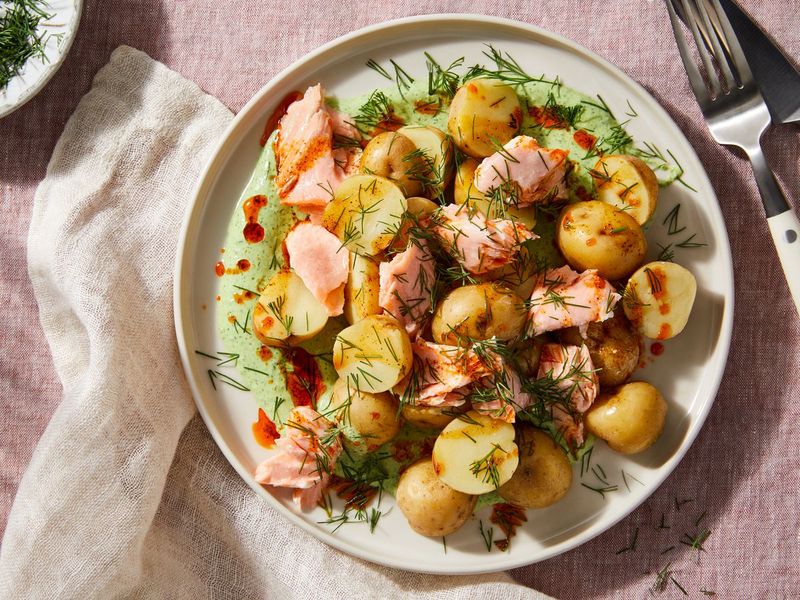 Salmon with Dill Yogurt Sauce and Roasted Baby Potatoes
