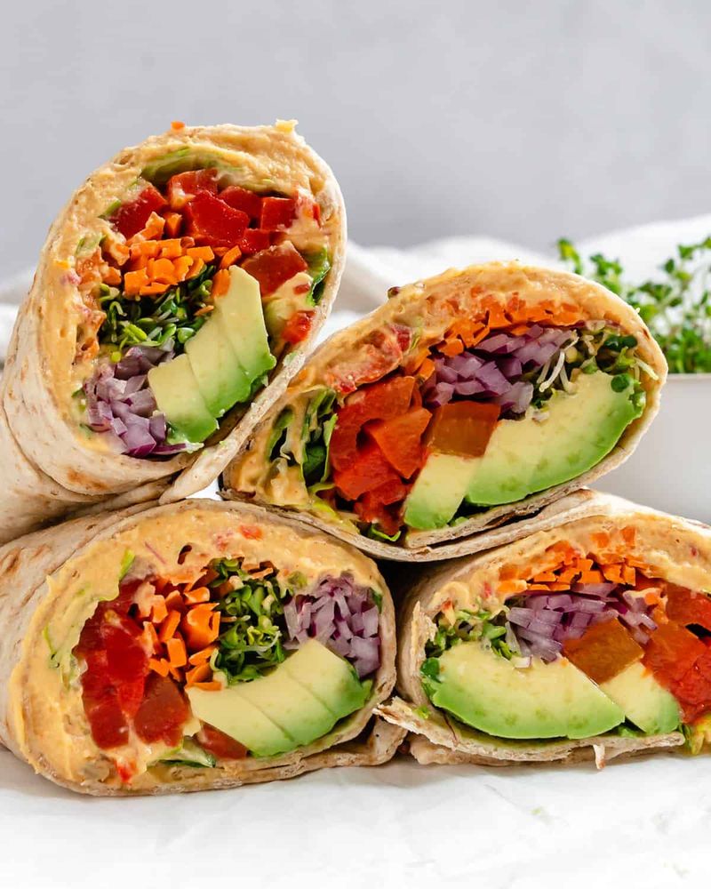 Hummus and Veggie Wrap in a Whole-Grain or Low-Carb Tortilla