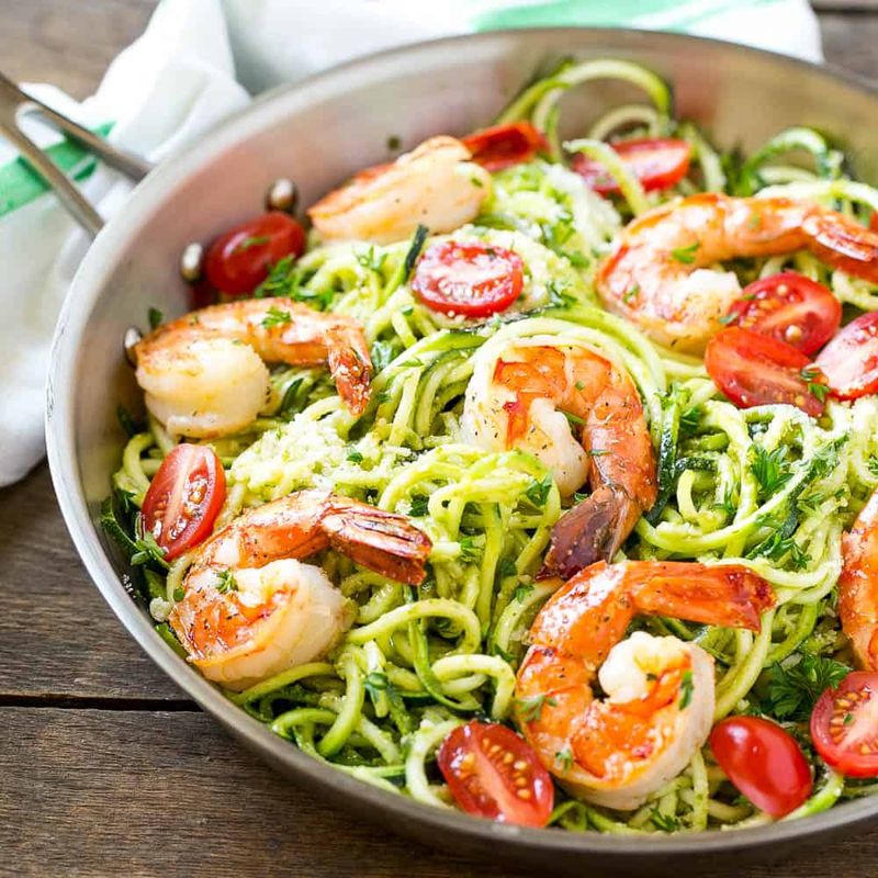 Pesto Zucchini Noodles with Grilled Shrimp