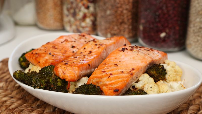 Grilled Salmon with Roasted Broccoli and Cauliflower Rice