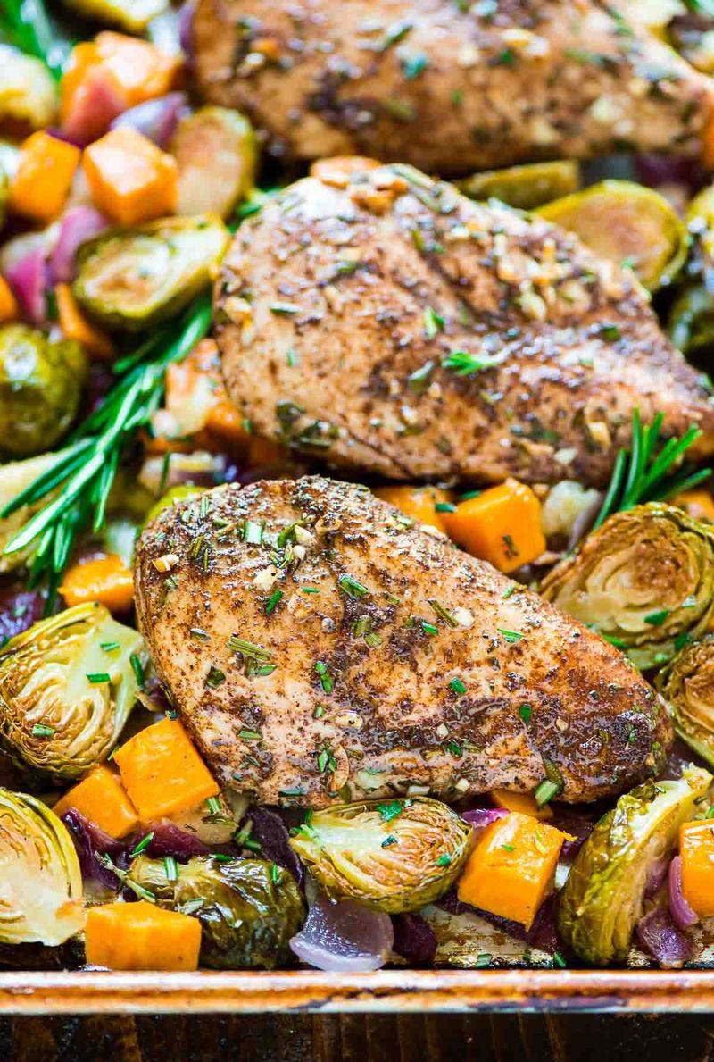 Grilled Chicken with Roasted Brussels Sprouts and Sweet Potatoes