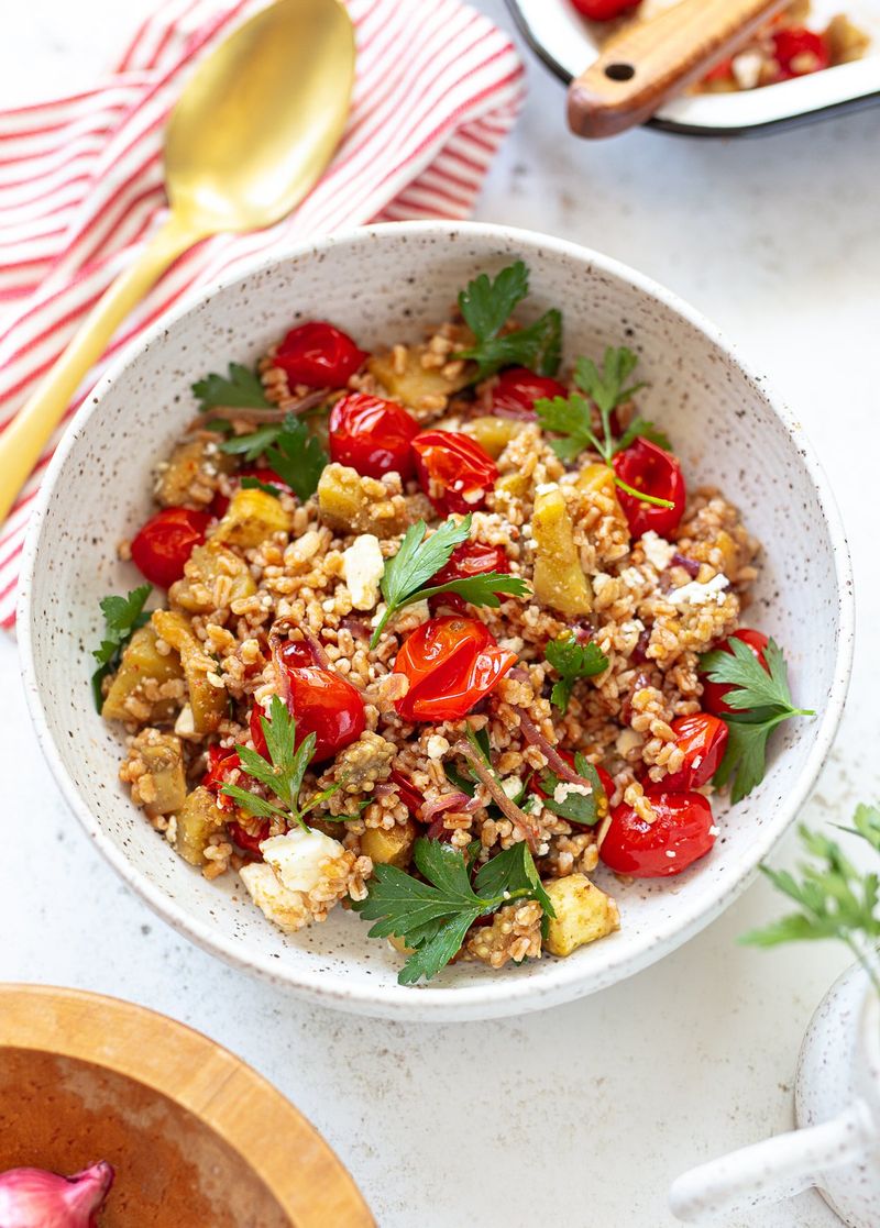 Farro Bowl with Feta, Kalamata Olives, and Roasted Tomatoes