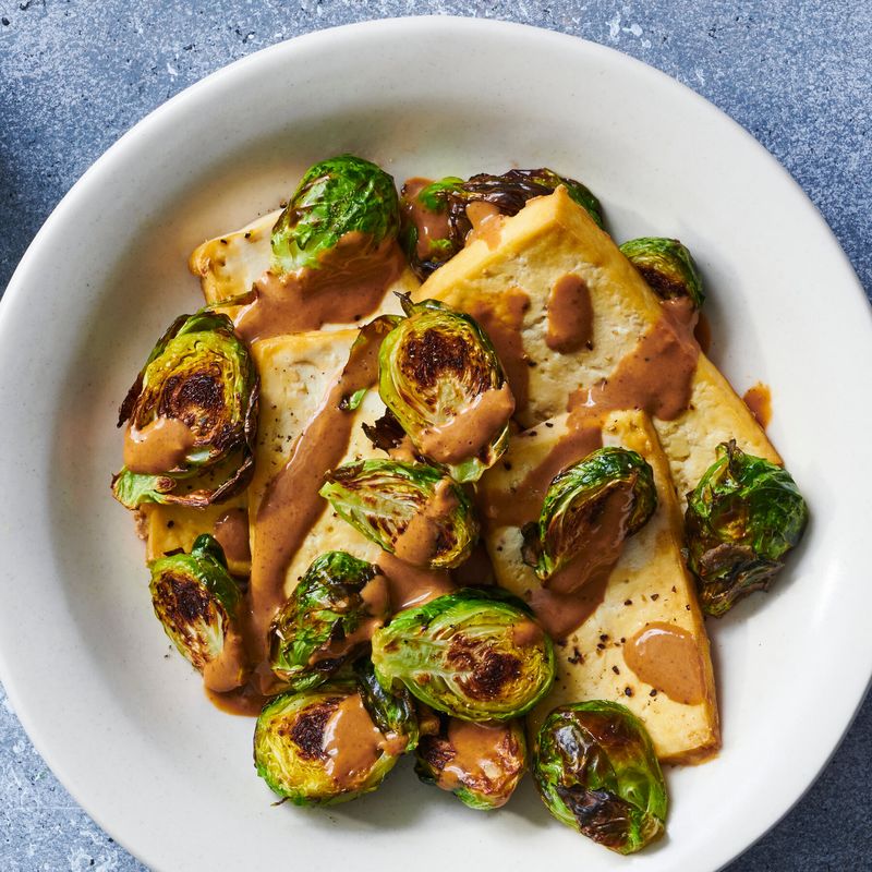 Grilled Tofu with Roasted Brussels Sprouts and Tahini Dressing