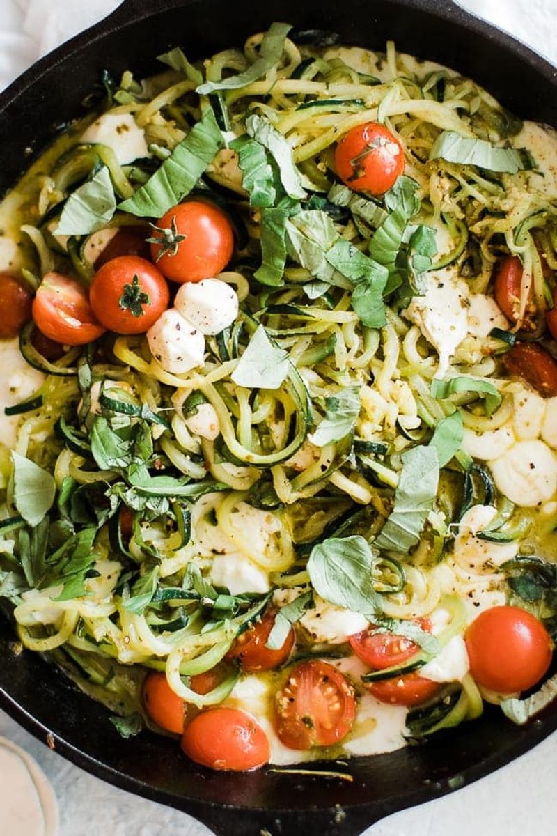 Pesto Zoodle Bowl with Cherry Tomatoes and Mozzarella
