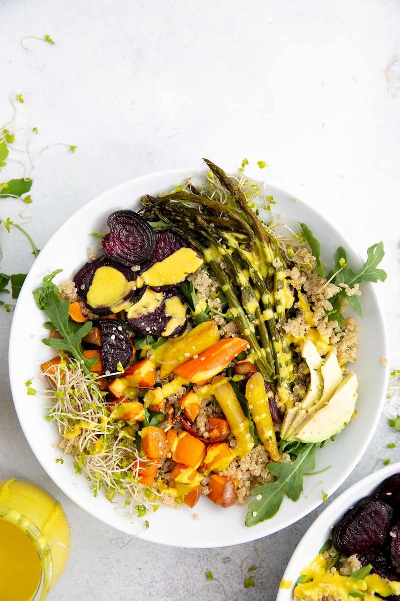 Farro Bowl with Roasted Veggies and Lemon-Tahini Dressing