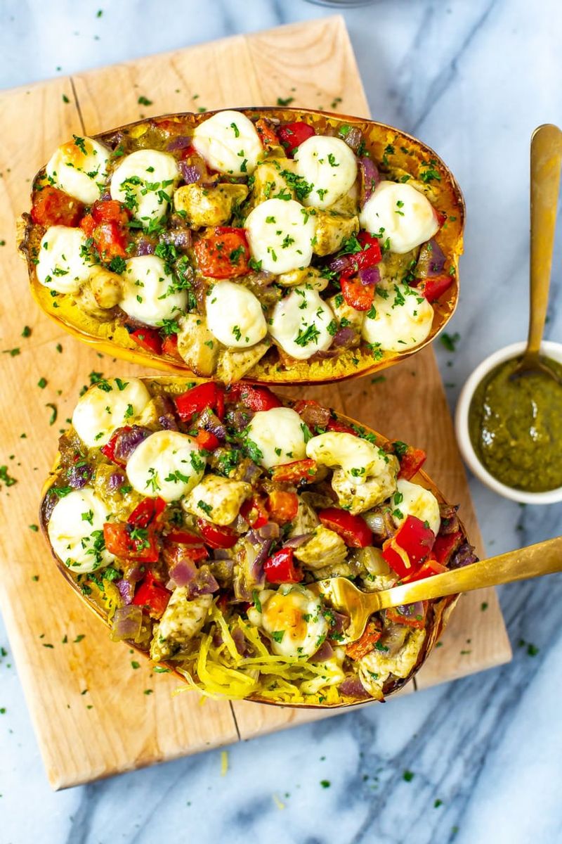 Spaghetti Squash with Pesto and Grilled Chicken