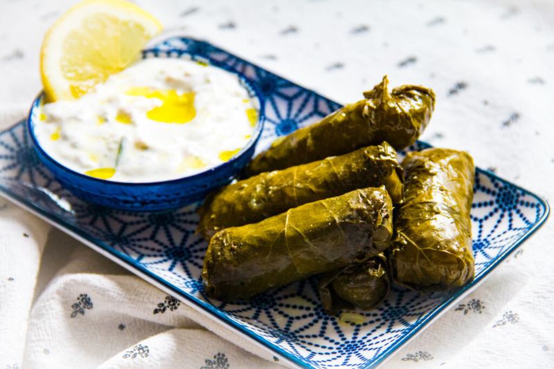 Stuffed Grape Leaves (Dolmas) with a Side of Yogurt Dip