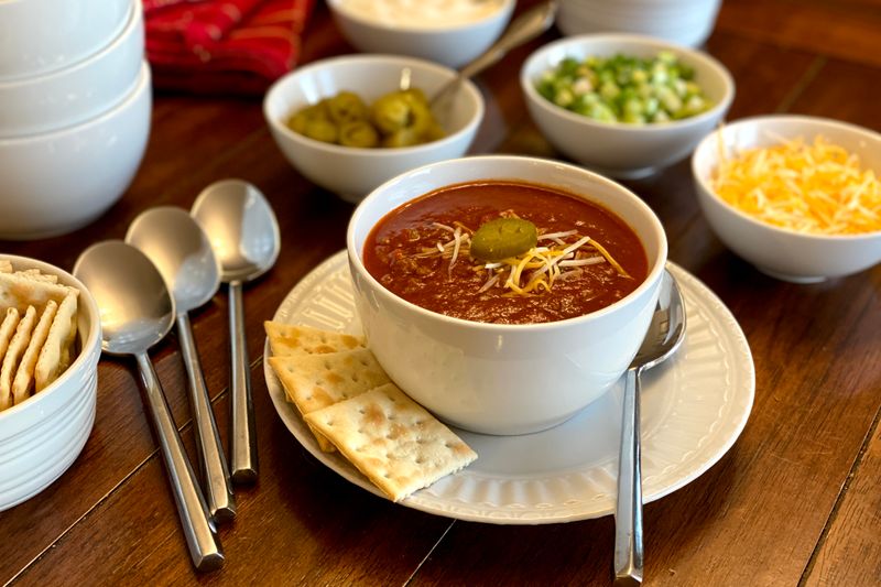 Chili with Saltines and Shredded Cheese