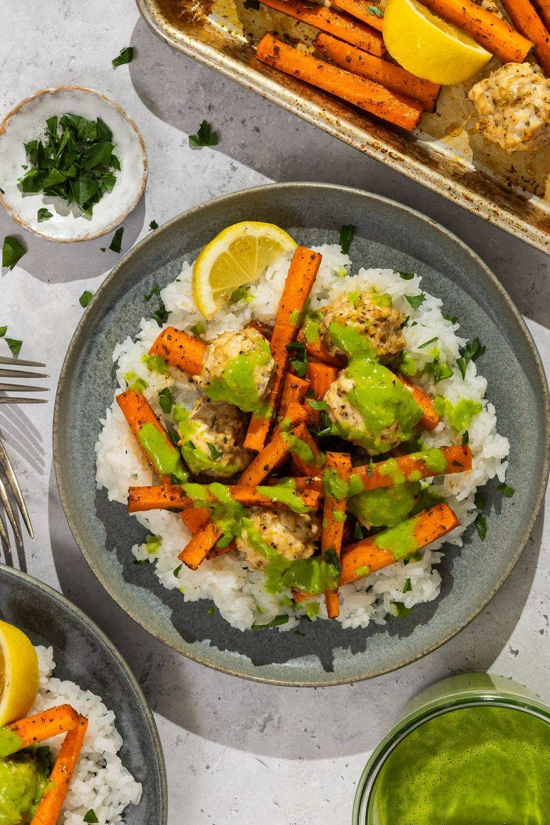 Baked Chicken Meatballs with Roasted Veggies