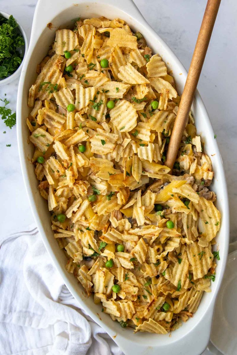 Tuna Noodle Casserole with Crushed Potato Chips