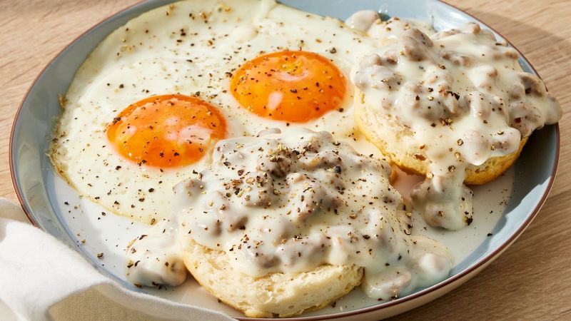 Arkansas – Sausage and Egg Biscuit with Creamy White Gravy