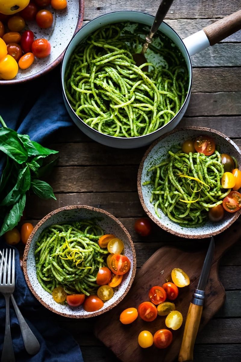 Arugula Pesto Pasta with Cherry Tomatoes