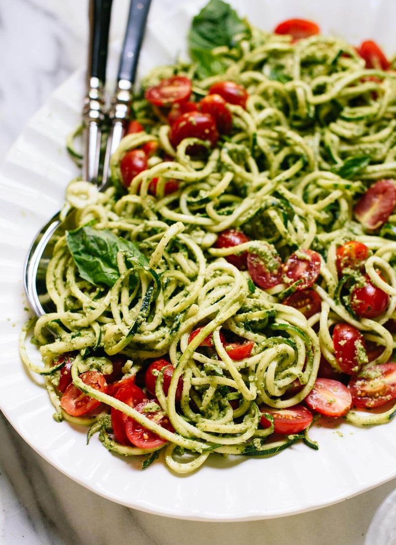 Zucchini Noodles with Basil Pesto and Cherry Tomatoes