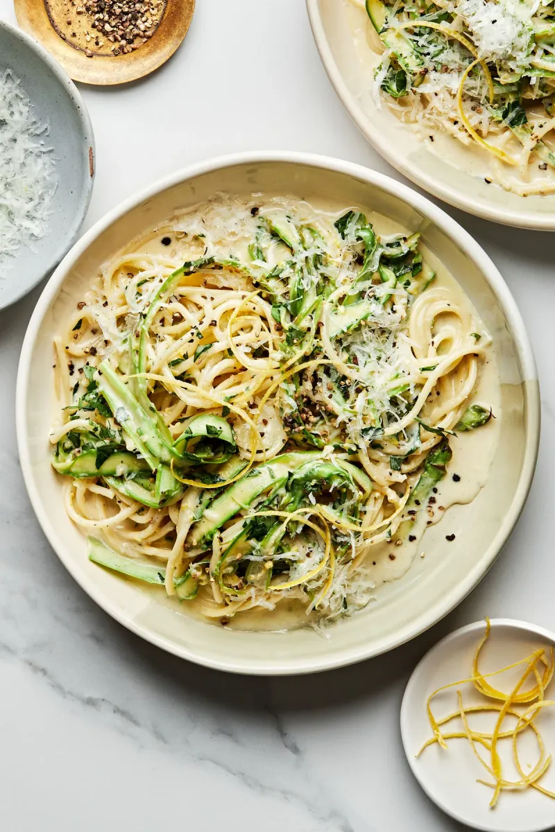 Creamy Lemon Garlic Pasta with Roasted Asparagus