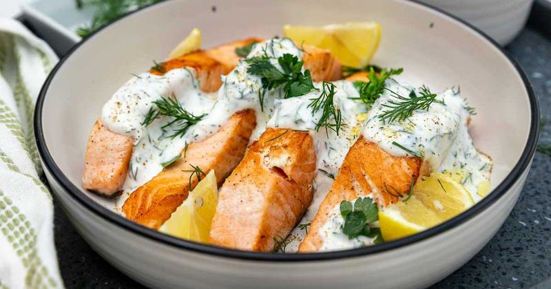 Salmon with Dill Yogurt Sauce & Cucumber Salad