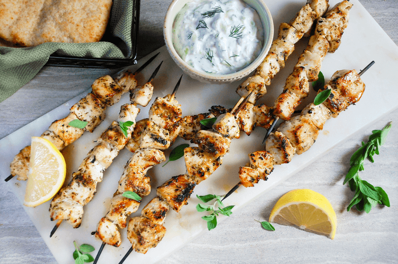 Chicken Souvlaki with Tzatziki and Pita