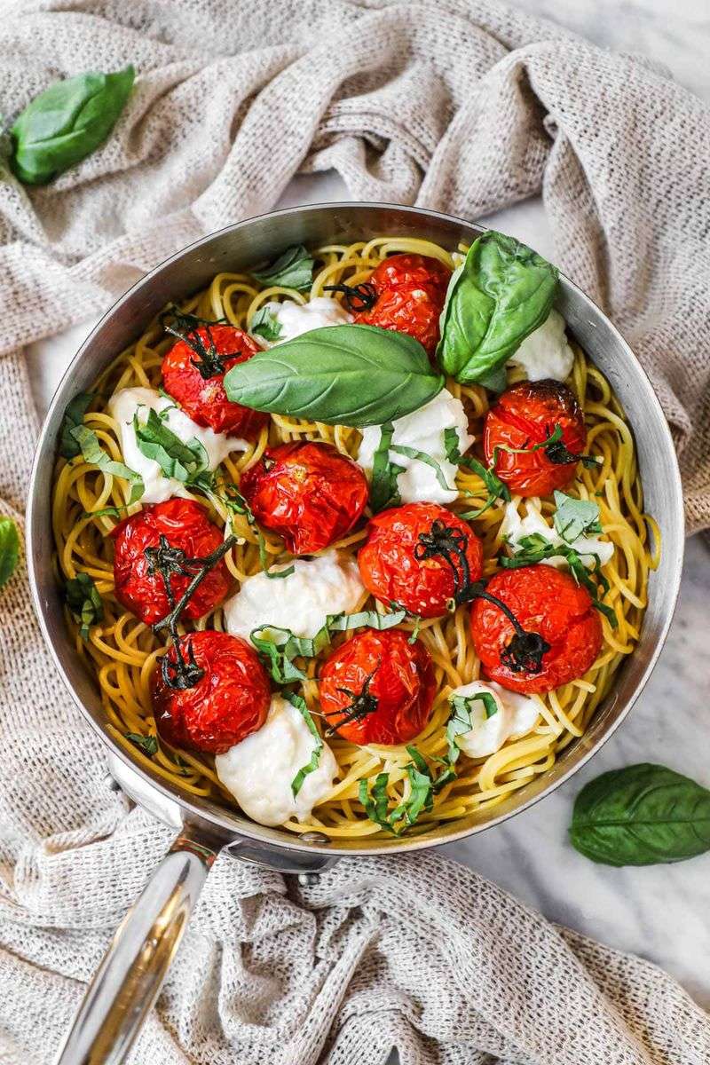 Warm Caprese Pasta with Cherry Tomatoes and Burrata
