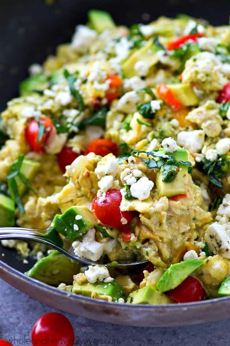 Pesto Eggs → Pesto Egg White Veggie Scramble