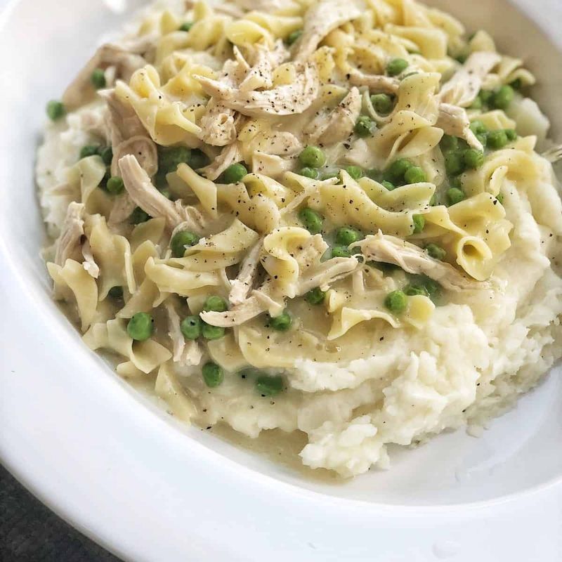 Chicken and Noodles Over Mashed Potatoes